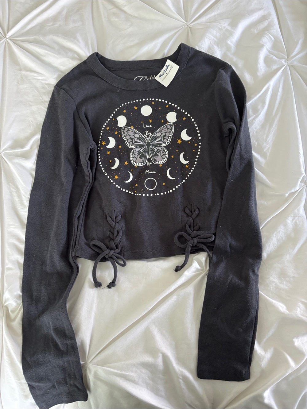 NEW Black Butterfly Graphic Lace-Up Hem Crop Top
